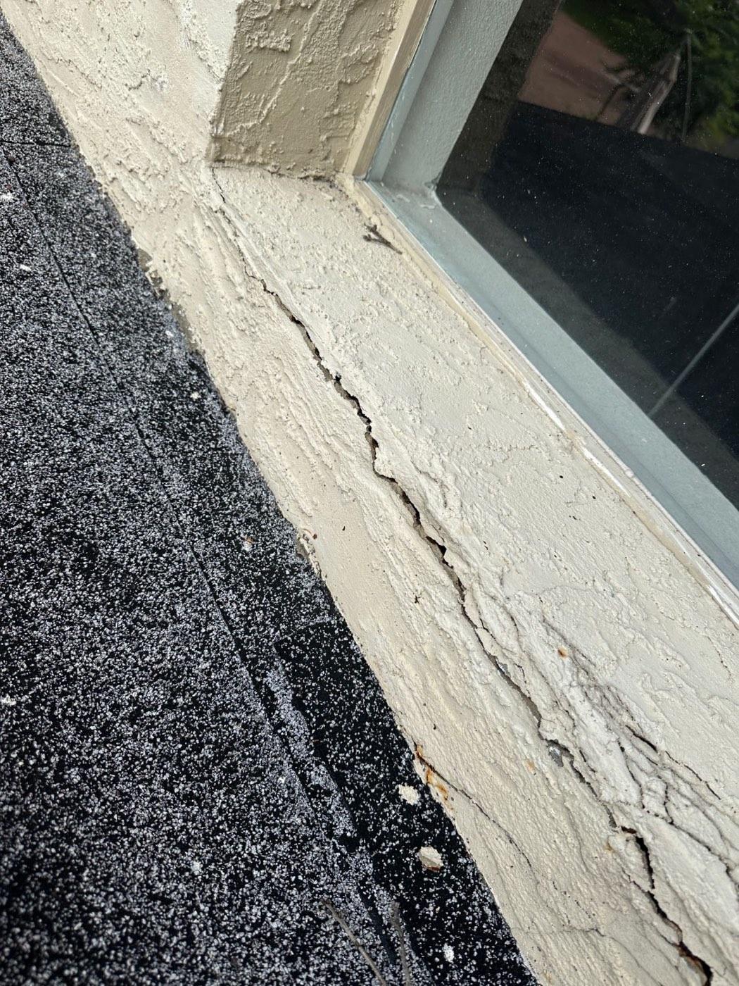 Stucco window sill with a long horizontal crack and lifting paint, next to a flat roof